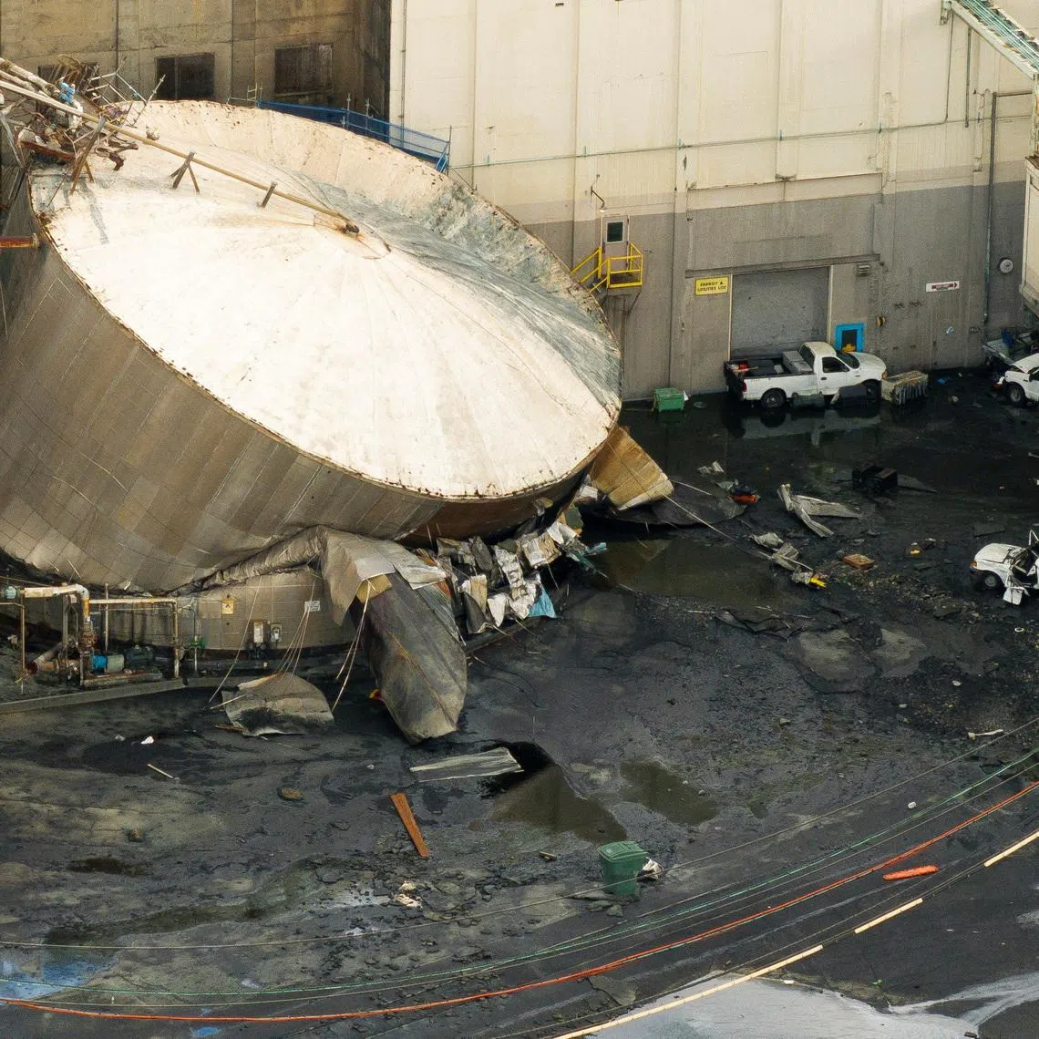 A drone view of a chemical tank after its rupture at the Nippon Dynawave Packaging pulp and paper mill in Longview, Washington, US, on May 26.