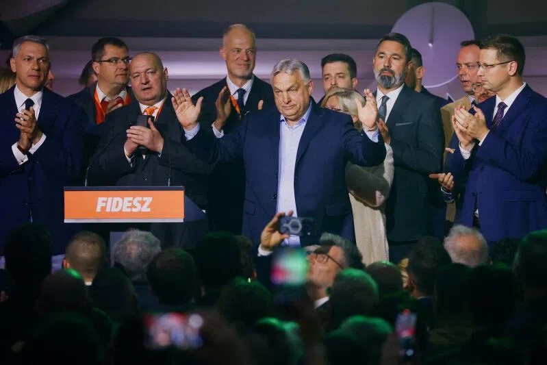 Hungarian Prime Minister Viktor Orban reacting onstage after the announcement of the partial results of parliamentary election in Budapest, Hungary.