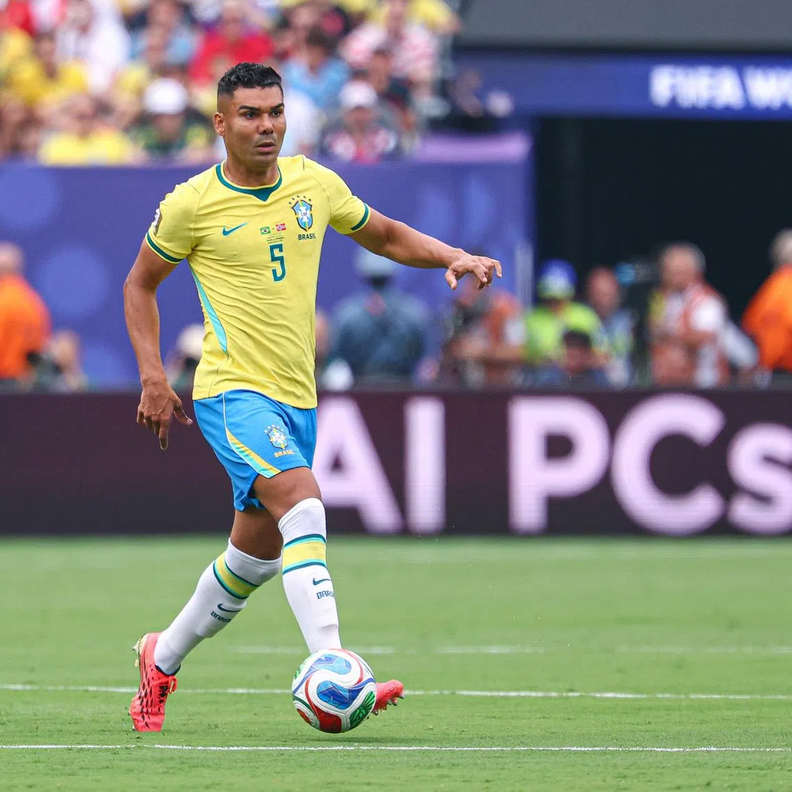 Jul 5, 2026; East Rutherford, New Jersey, USA; Brazil midfielder Casemiro (5) in action against Norway during a Round of 16 match of the 2026 FIFA World Cup at New York New Jersey Stadium. Mandatory Credit: Vincent Carchietta-Imagn Images
