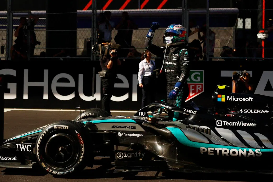 Mercedes’ Kimi Antonelli celebrating after winning the Spanish Grand Prix on Sept 13.