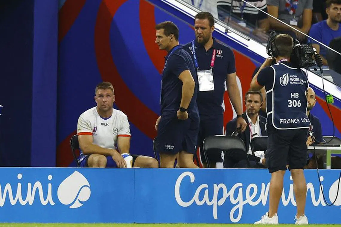 FILE PHOTO: Rugby Union - Rugby World Cup 2023 - Pool A - France v Namibia - Orange Velodrome, Marseille, France - September 21, 2023 Namibia's Johan Deysel looks on after being sent off REUTERS/Peter Cziborra/File Photo