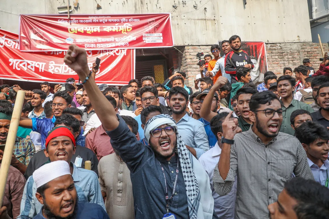 Protesters demonstrating against former Bangladeshi leader Sheikh Hasina's Awami League in Dhaka on Nov 13, ahead of the verdict in the domestic war crimes case against her.