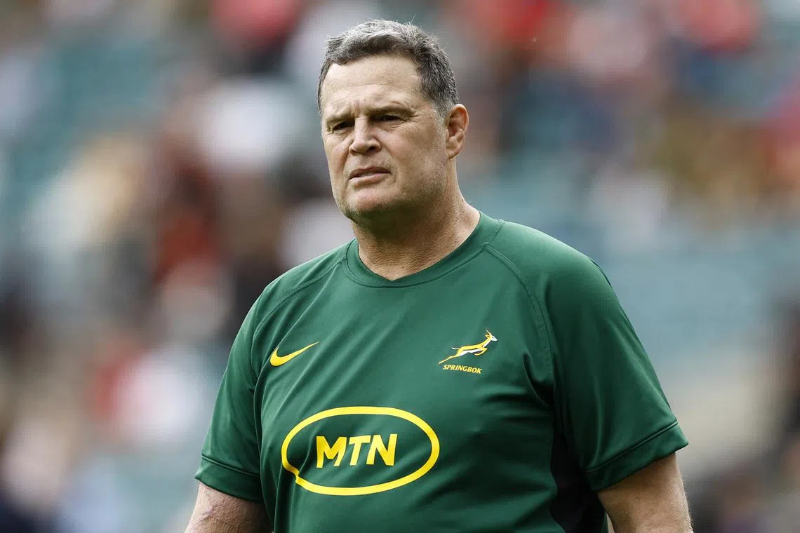 FILE PHOTO: Rugby Union - South Africa v Wales - Twickenham Stadium, Twickenham, Britain - June 22, 2024 South Africa coach Rassie Erasmus before the match Action Images via Reuters/Peter Cziborra/File Photo