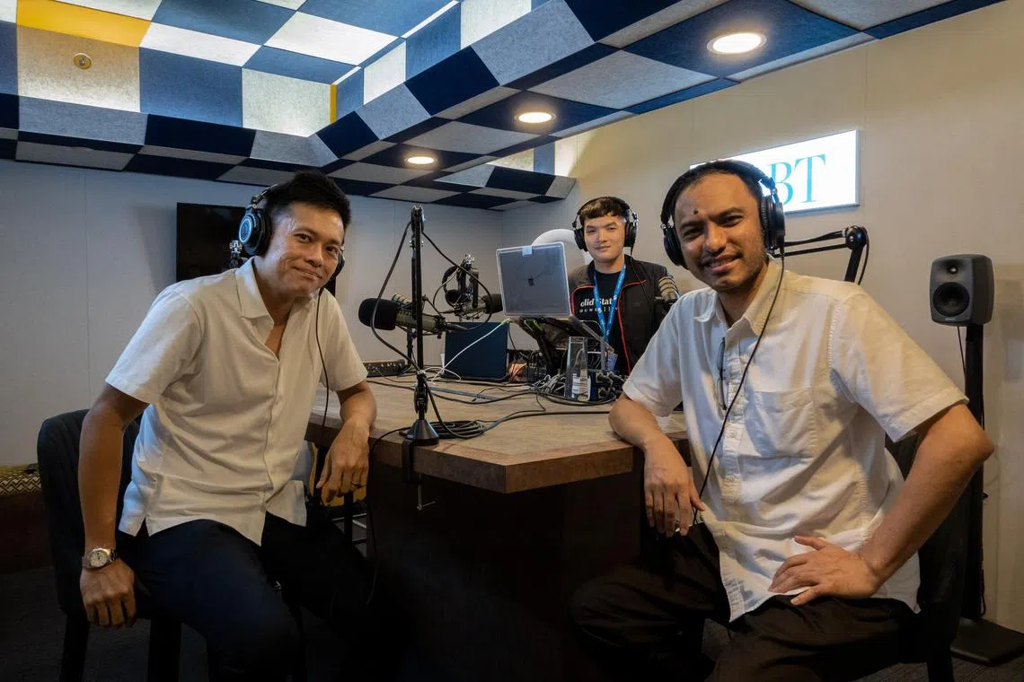 To make sense of the price of COEs, ST podcast editor Ernest Luis (right) is joined by senior transport correspondent Lee Nian Tjoe (left) in the podcast studio.