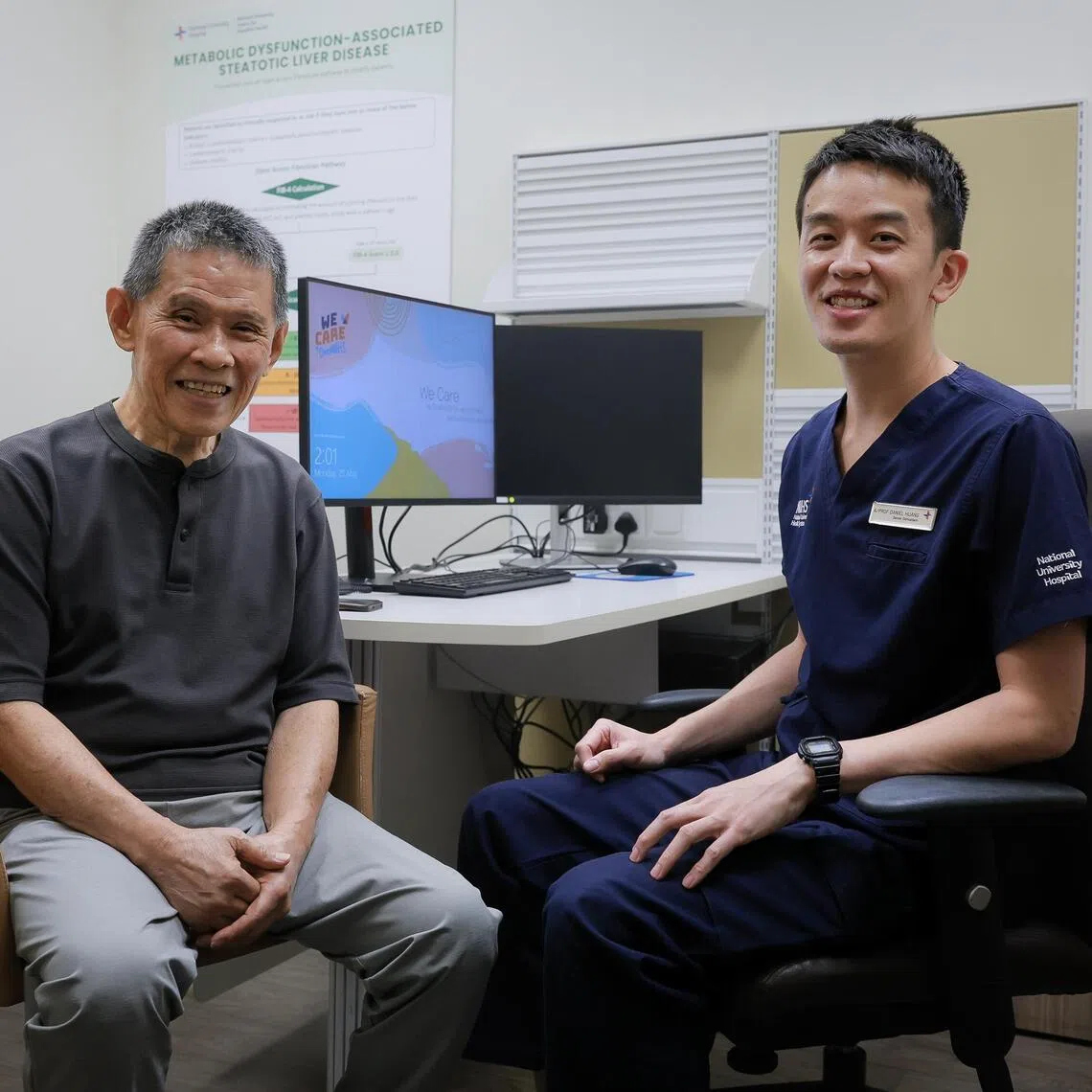 Adj A/Prof Daniel Huang, Senior Consultant, Division of Gastroenterology and Hepatology, Department of Medicine, NUH and Chair of the Hepato-Pancreato-Biliary Cancer Programme at NCIS, with his patient Mr Foo Say Nong at NUH Medical Centre on May 25, 2026.
