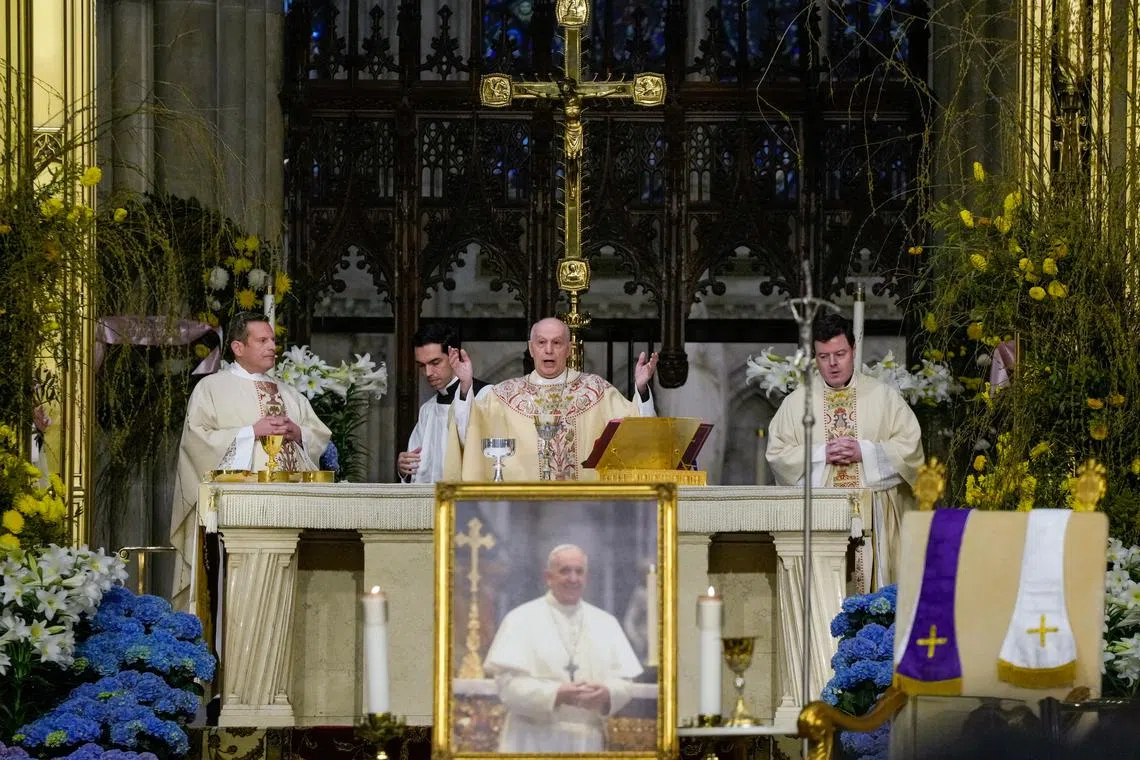 Archbishop Gabriele Caccia, permanent observer of the Holy See to the United Nations, leads Mass for the late Pope Francis, at St. Patrick's Cathedral in New York City, U.S., April 26, 2025. REUTERS/Eduardo Munoz