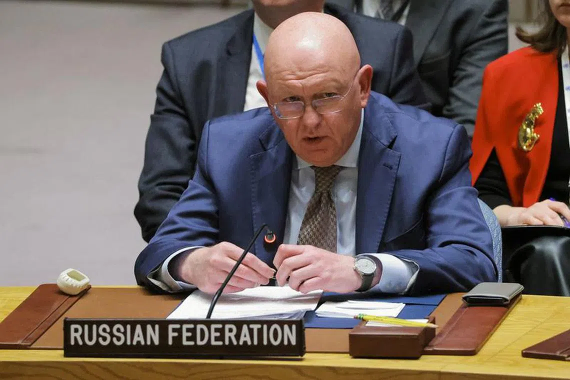 FILE PHOTO: Russian Ambassador to the U.N. Vassily Nebenzia addresses the Security Council before a vote during a meeting of the United Nations Security Council on the conflict between Israel and Hamas at U.N. headquarters in New York, U.S., October 16, 2023. REUTERS/Andrew Kelly/File Photo