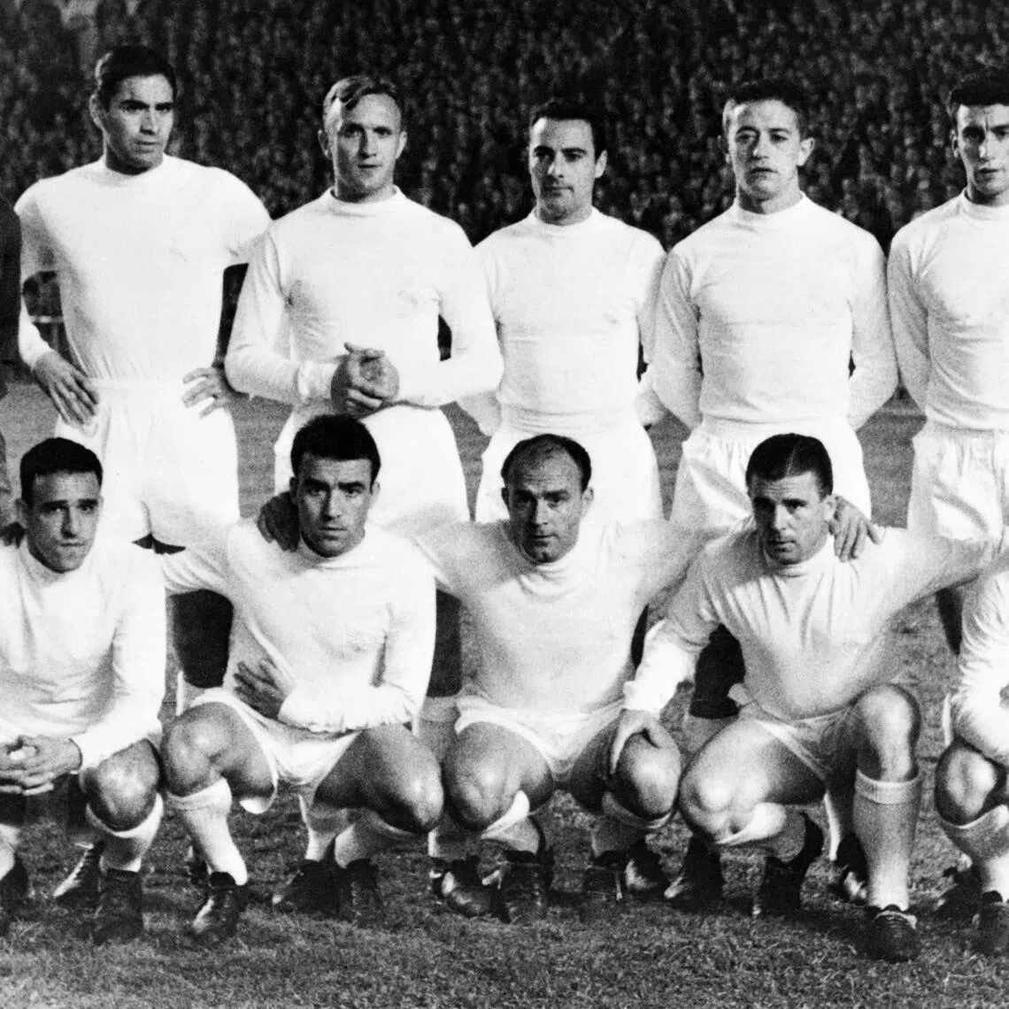 The Real Madrid team is pictured before a match in 1962. Standing (from left): Vicente Train; Marcos Alonso Imaz or "Marquitos"; Jose Emilio Santamaria; Pedro Casado Bucho; Jose Maria Vidal; Enrique Perez Diaz or "Pachin"; and squatting (from left): Darcy Silveira dos Santos or "Canario"; Luis del Sol; Alfredo di Stefano; Ferenc Puskas; and Francisco Gento. Santamaria, Spain's 1982 World Cup coach, has died at the age of 96, Real said on April 15, 2026.