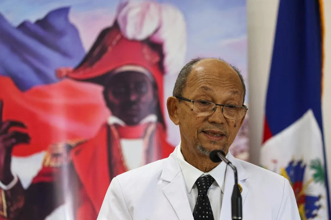 FILE PHOTO: Leslie Voltaire, president of Haiti's Transition Council, addresses the audience during an event marking the 218 anniversary of the killing of national independence hero Jean-Jacques Dessalines, in Port-au-Prince, Haiti October 17, 2024. REUTERS/Ralph Tedy Erol/File Photo