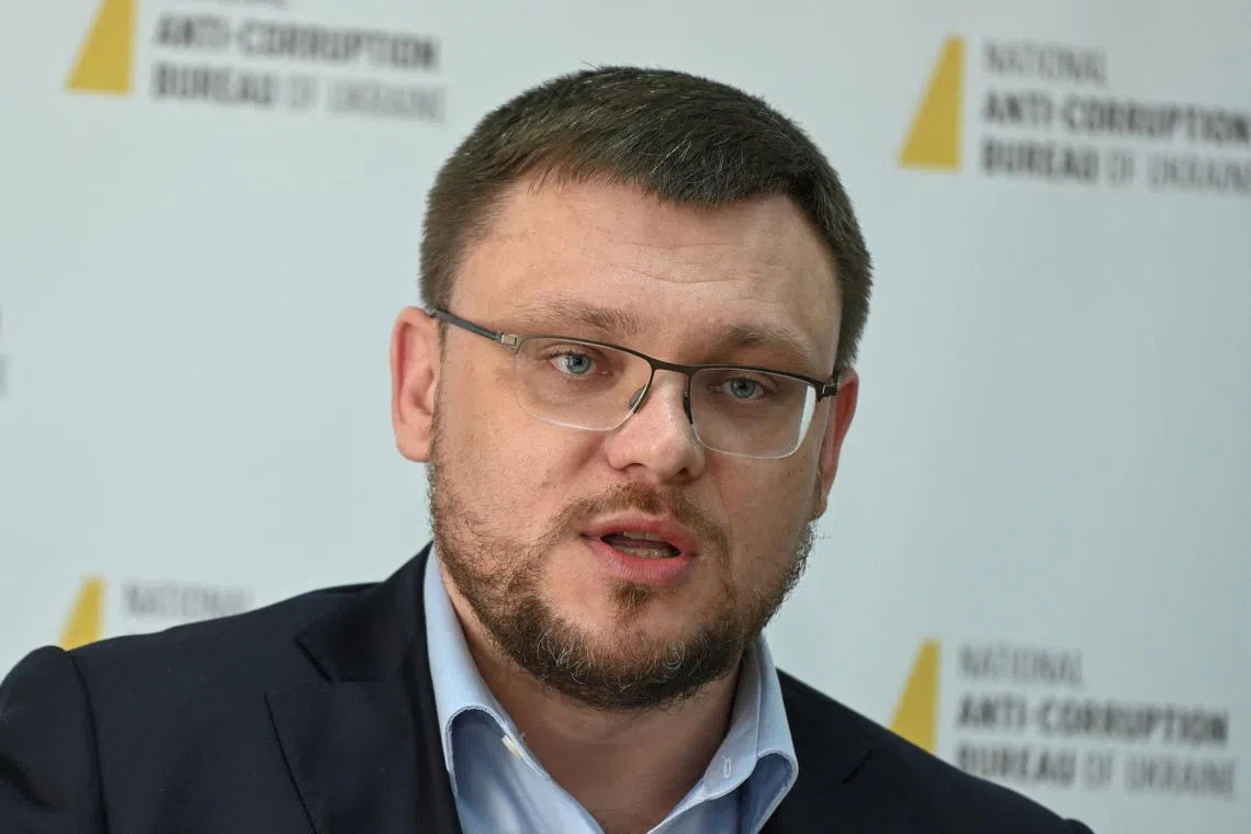 FILE PHOTO: Semen Kryvonos, Director of the National Anti-Corruption Bureau, attends a press conference dedicated to the detention of Ukraine's Supreme Court head, in Kyiv, Ukraine May 16, 2023.  REUTERS/Viacheslav Ratynskyi/File Photo