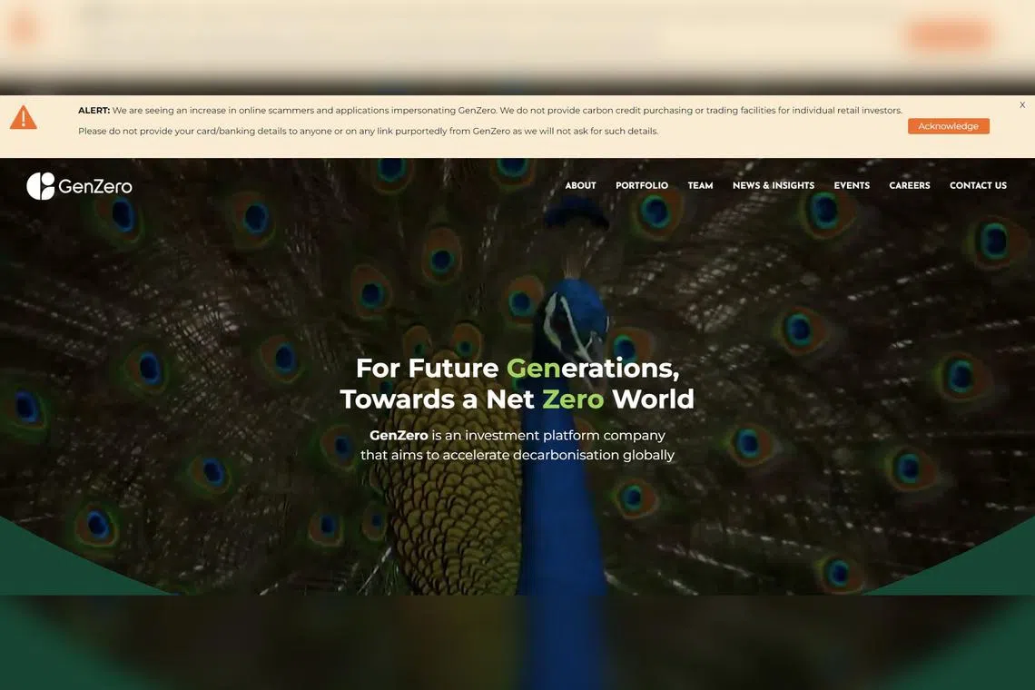 An alert is seen at the top of the real GenZero website cautioning investors.