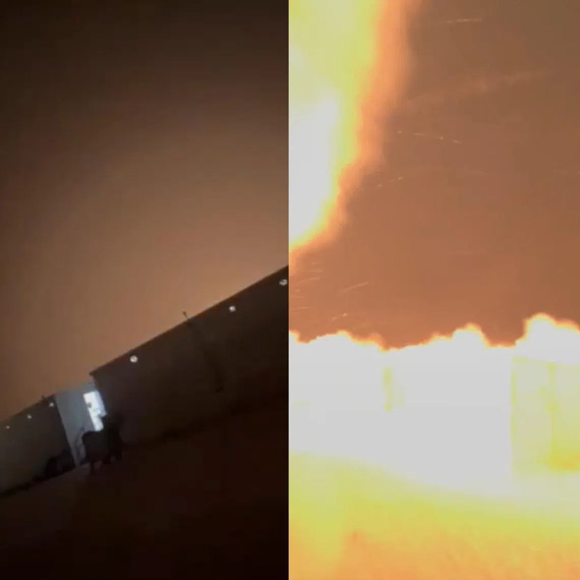 Screenshots from a video circulating online that is said to show an overnight Iranian attack on Muwaffaq Salti Air Base in Jordan.