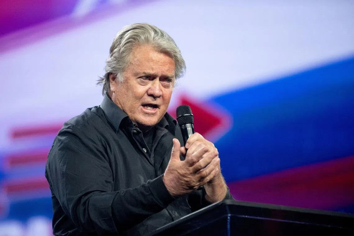 FILE PHOTO: Steve Bannon speaks as conservative leaders and personalities attend Turning Point USA's AmericaFest 2023 in Phoenix, Arizona, U.S. December 17, 2023.  REUTERS/Caitlin O'Hara/File Photo