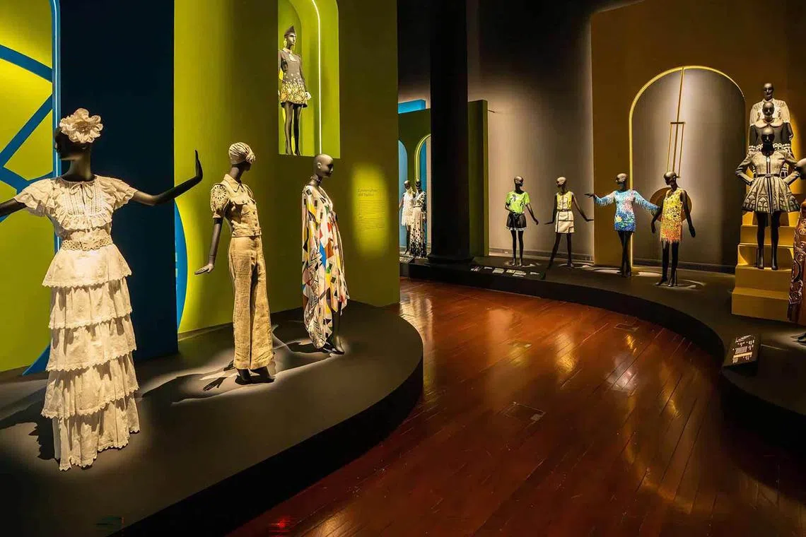 Installation view of the Andrew Gn: Fashioning Singapore and the World exhibition at the Asian Civilisations Museum (ACM), 2023. 
