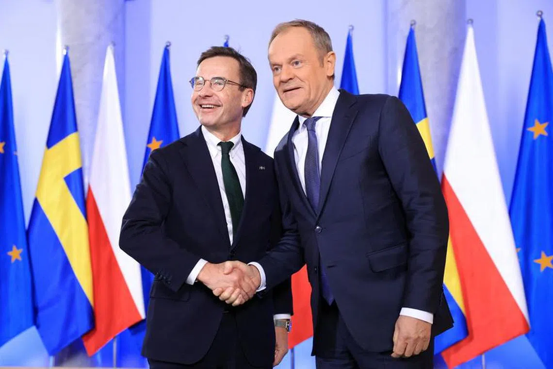 Polish Prime Minister Donald Tusk meets with his Swedish counterpart Ulf Kristersson in Warsaw, Poland, February 19, 2024.Maciek Jazwiecki/Agencja Wyborcza.pl via REUTERS