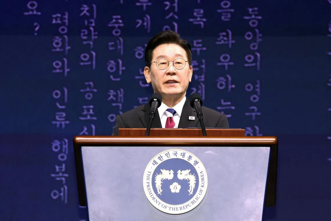South Korea's President Lee Jae Myung speaks during a ceremony marking the 107th anniversary of the March 1st Independence Movement Day in Seoul on March 1, 2026.