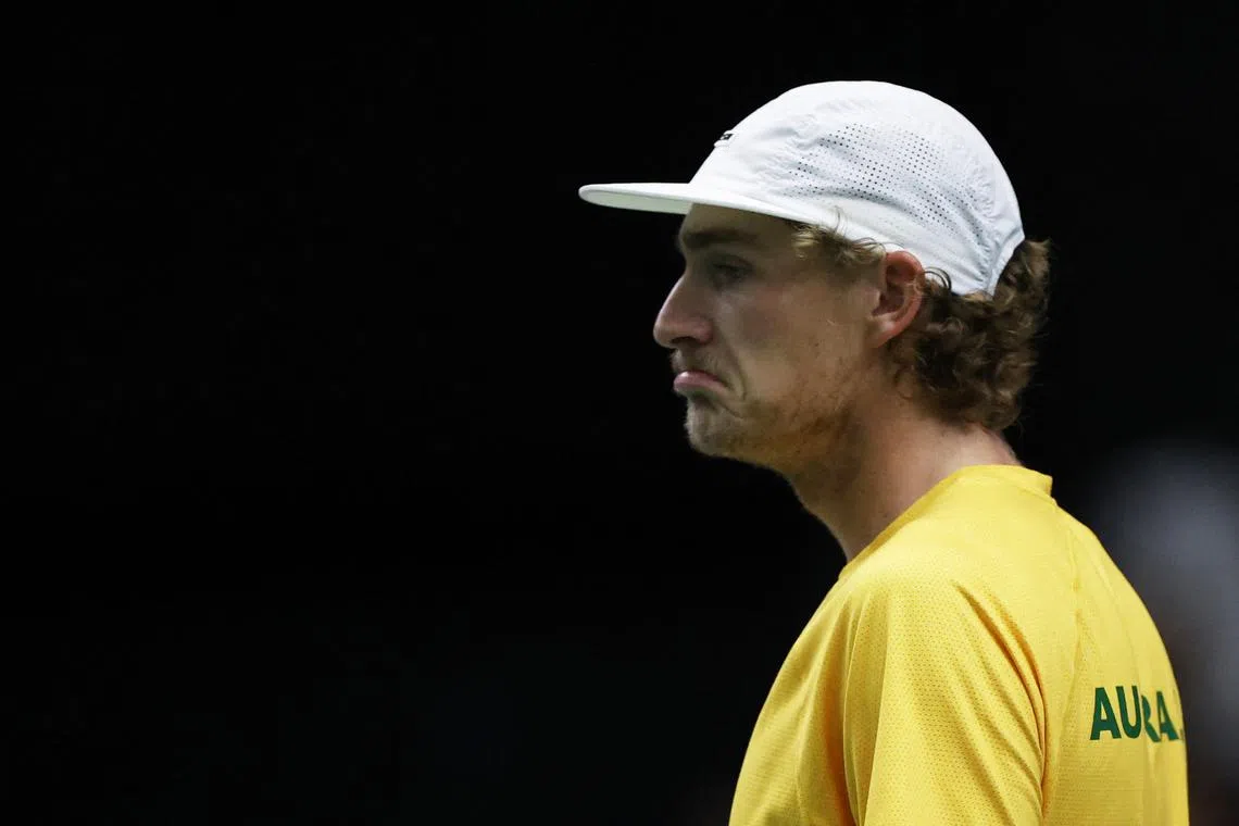 FILE PHOTO: Tennis - Davis Cup - Group B - Spain v Australia - Pabellon Fuente de San Luis, Valencia, Spain - September 15, 2024 Australia's Max Purcell during his doubles match against Spain's Marcel Granollers and Pedro Martinez REUTERS/Eva Manez/File Photo