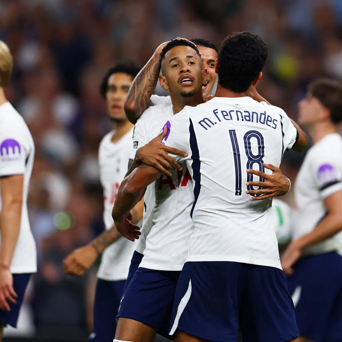 Soccer Football - Carabao Cup - Second Round - Tottenham Hotspur v Charlton Athletic - Tottenham Hotspur Stadium, London, Britain - August 26, 2026 Tottenham Hotspur's Savio celebrates scoring their fourth goal with Mateus Fernandes Action Images via Reuters/Peter Cziborra