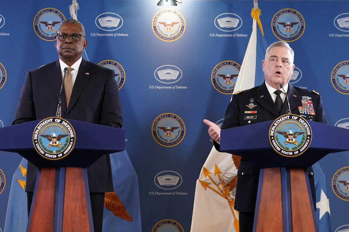 US Defence Secretary Lloyd Austin (left) and General Mark Milley hold a joint press conference following an online meeting of the Ukraine Defence Contact Group.