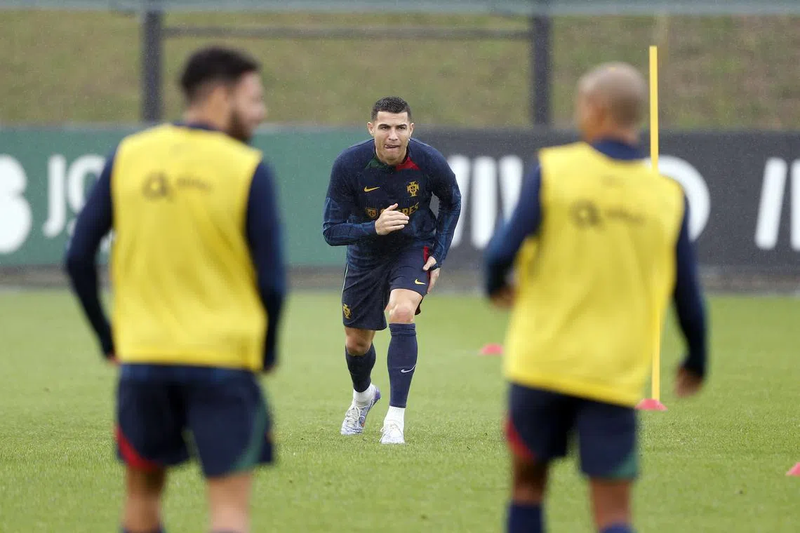Portugal's Cristiano Ronaldo in action during a training session in preparation for the Qatar World Cup at Cidade do Futebol in Oeiras, Portugal, on Tuesday.