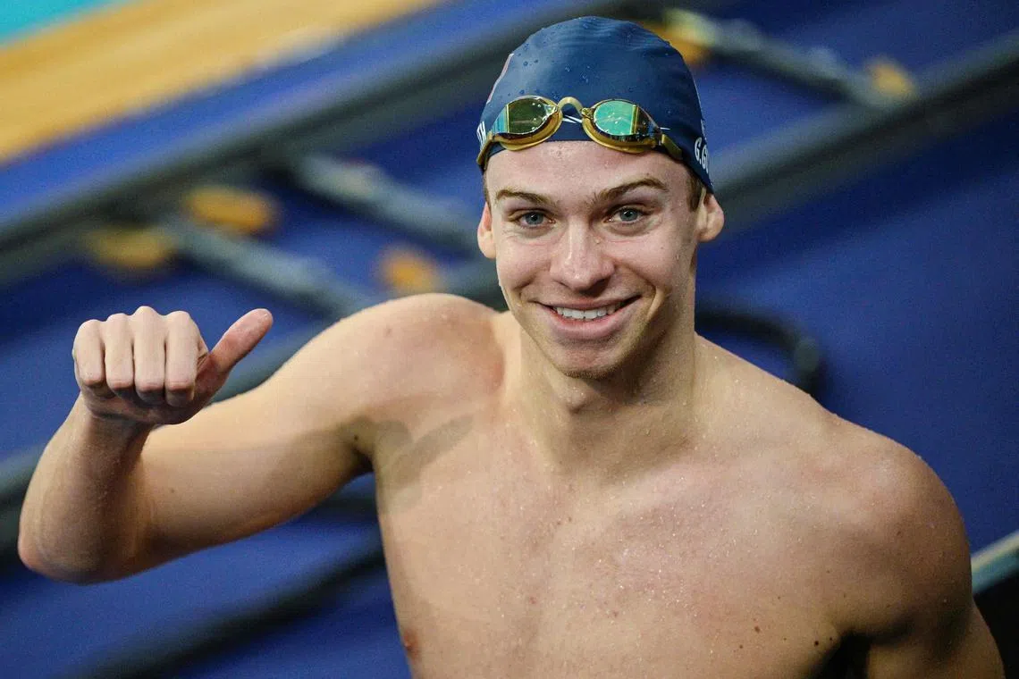Leon Marchand of France smiles after winning the men's 400m individual medley final during the World Aquatics Swimming World Cup 2024 - Stop 2 at the Munhak Park Tae-hwan Aquatics Centre in Incheon on Oct 26.