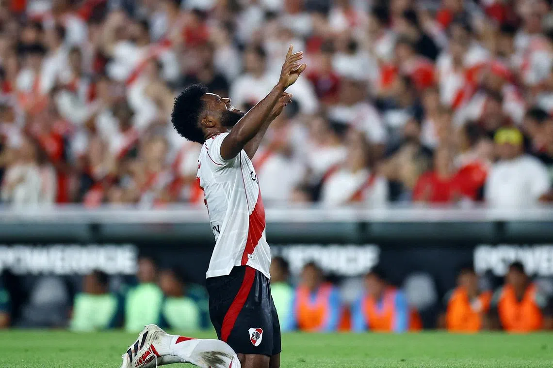 FILE PHOTO: Soccer Football - International Friendly - River Plate v Mexico - Estadio Mas Monumental, Buenos Aires, Argentina - January 21, 2025 River Plate's Miguel Borja celebrates scoring their second goal REUTERS/Agustin Marcarian/File Photo