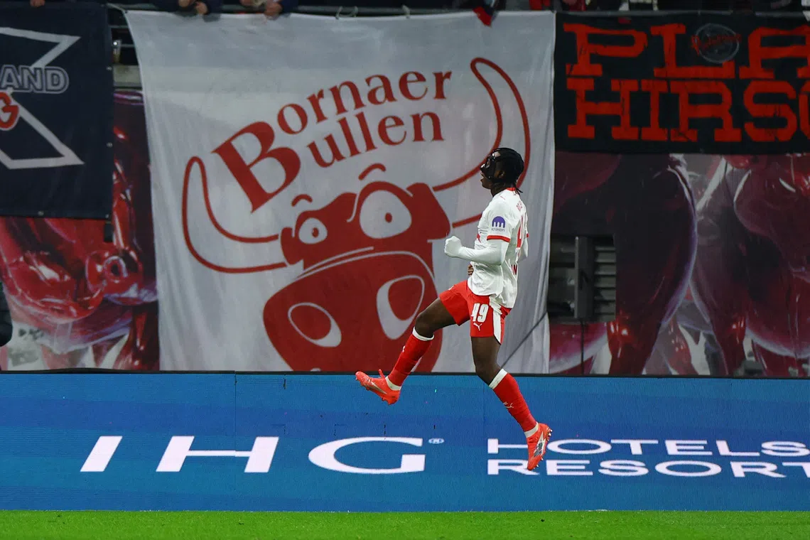 Soccer Football - Bundesliga - RB Leipzig v Eintracht Frankfurt - Red Bull Arena, Leipzig, Germany - December 6, 2025 RB Leipzig's Yan Diomande celebrates scoring their third goal REUTERS/Lisi Niesner