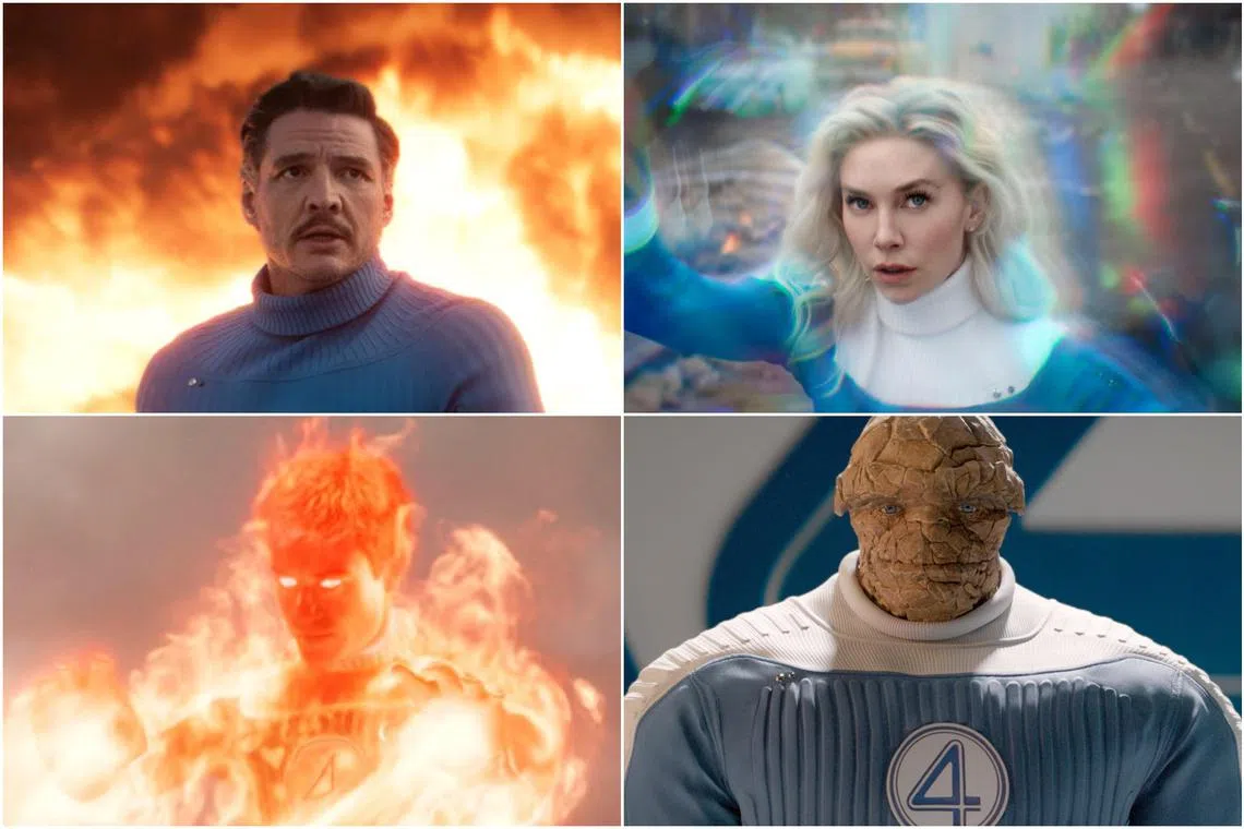 (Clockwise from top left) Pedro Pascal, Vanessa Kirby, Ebon Moss-Bachrach and Joseph Quinn in The Fantastic Four: First Steps. 