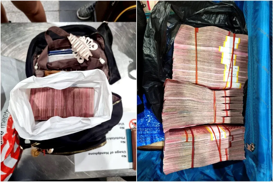 The stacks of undeclared foreign currencies had been found on the duo after they entered Singapore by ferry.