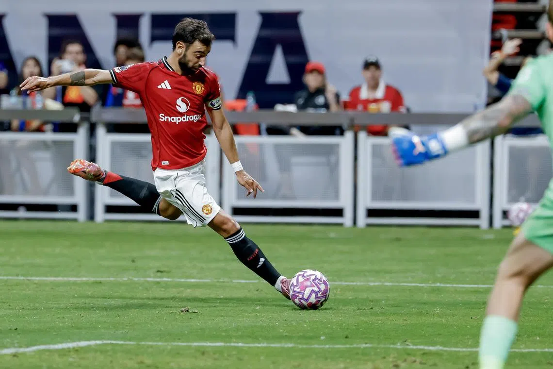 Manchester United captain Bruno Fernandes taking a shot during the 2-2 pre-season draw with Everton on Aug 3.