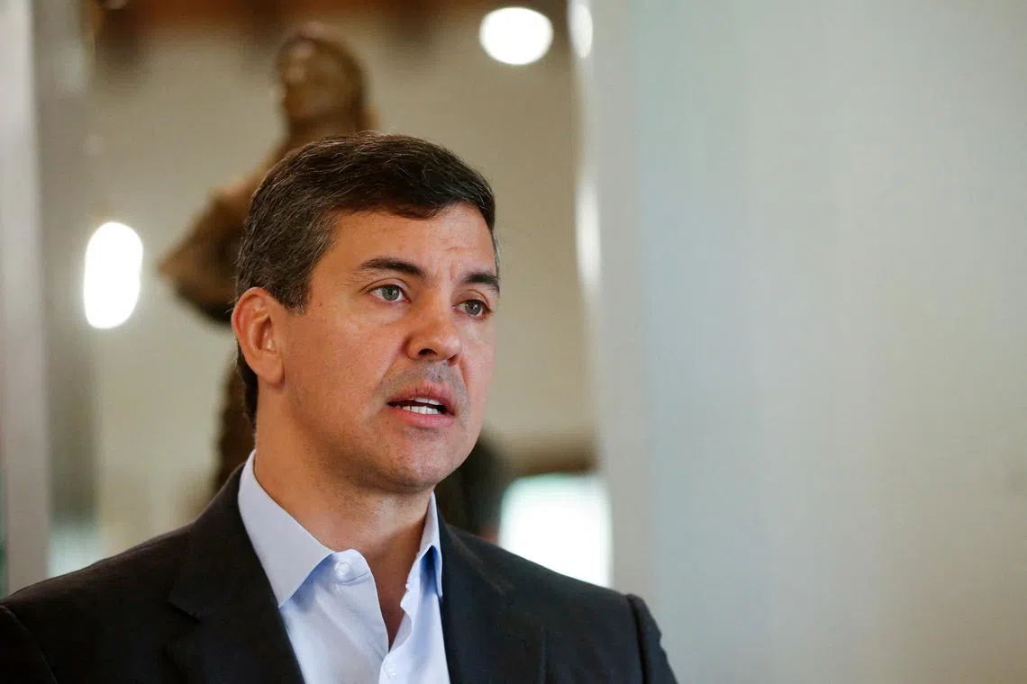 Paraguay's President Santiago Pena speaks during an interview with Reuters, in Asuncion, Paraguay August 21, 2024. REUTERS/Cesar Olmedo/ File Photo