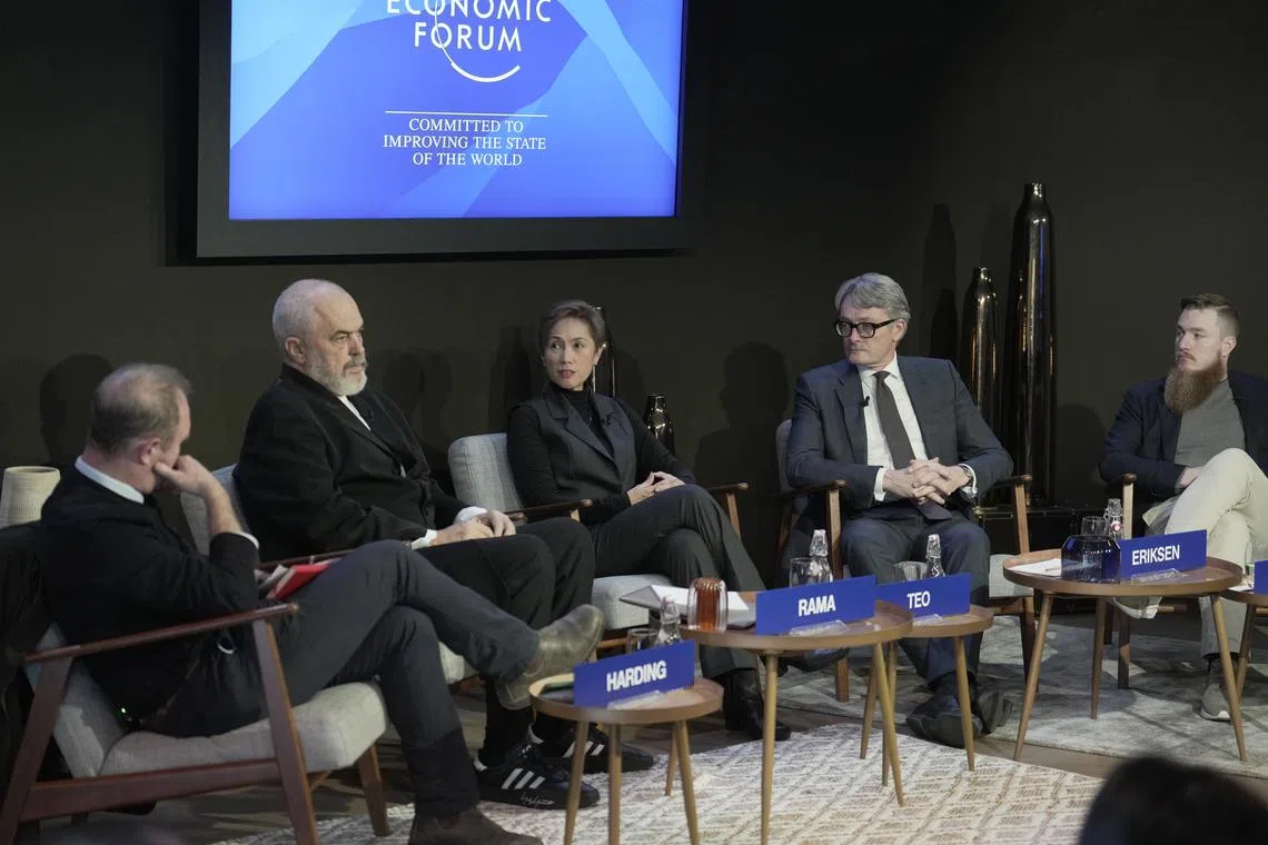 (From left) Editor of Tortoise Media James Harding, Prime Minister of Albania Edi Rama, Minister for Communications and Information Josephine Teo, president and CEO of Aker ASA Øyvind Eriksen and Dragos CEO Robert M. Lee speaking in the Securing Critical Infrastructure session at the World Economic Forum. 









