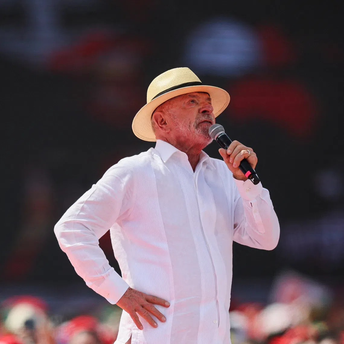 Brazilian President Luiz Inacio Lula da Silva launching his re-election campaign at stadium in Brazil on Aug 16.