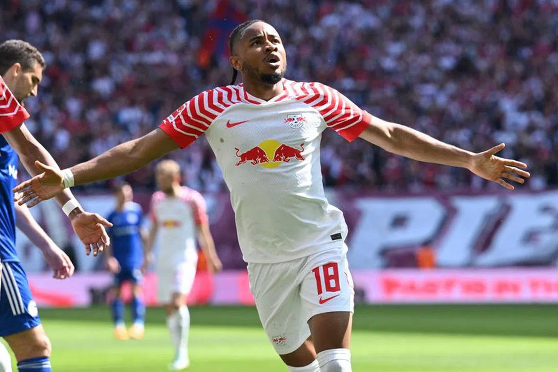 Soccer Football - Bundesliga - RB Leipzig v Schalke 04 - Red Bull Arena, Leipzig, Germany - May 27, 2023 RB Leipzig's Christopher Nkunku celebrates scoring their second goal REUTERS/Annegret Hilse/File Photo