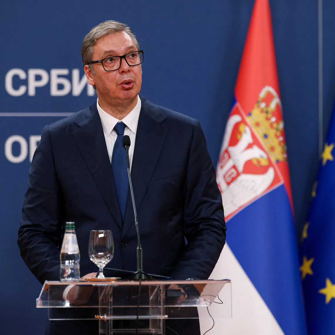 FILE PHOTO: Serbian President Aleksandar Vucic speaks during a press conference with Ukrainian President Volodymyr Zelenskiy (not pictured) during Zelenskiy's visit to Belgrade, Serbia, August 8, 2026. REUTERS/Marko Djurica/File Photo