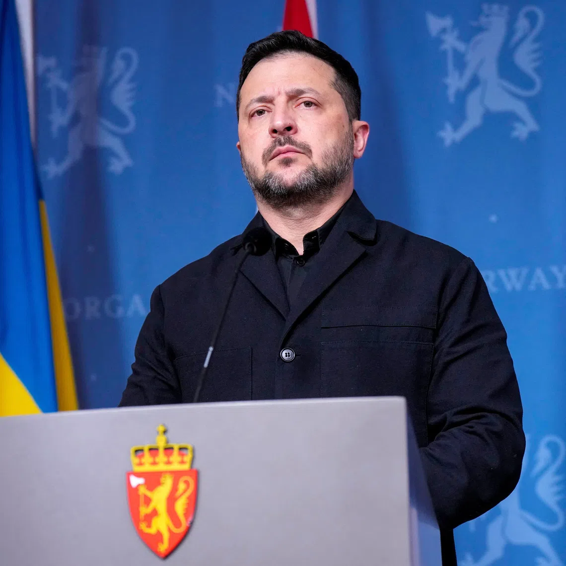 Ukrainian President Volodymyr Zelenskiy attends a press conference with Norwegian Prime Minister Jonas Gahr Store and Finnish President Alexander Stubb (not pictured) in Oslo, Norway, October 20, 2026. NTB/Cornelius Poppe/via REUTERS