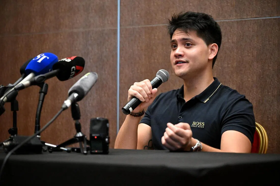 ST20240402_202414163227 Kua Chee Siong/ dlswim02/ 
Singapore swimmer and Olympian, Joseph Schooling announcing his retirement at a press conference held at the Chinese Swimming Club on April 2, 2024.