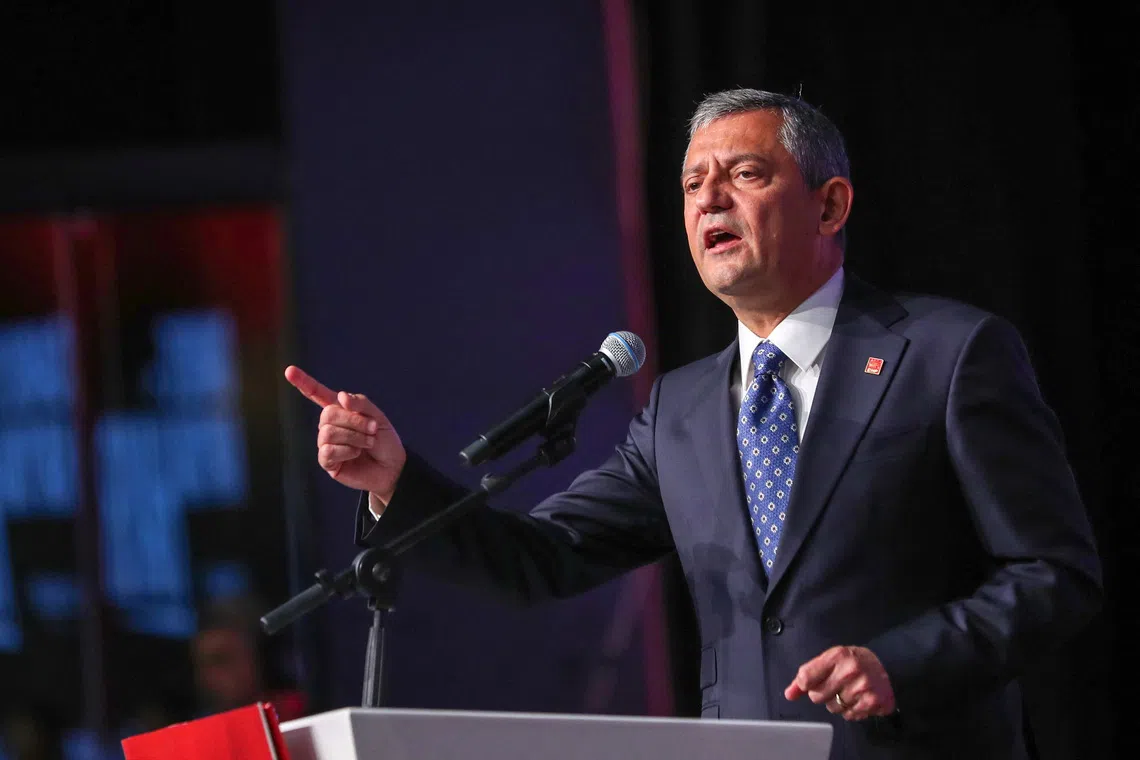Ozgur Ozel, leader of Turkey's main opposition Republican People's Party (CHP), speaks during the party's 22nd extraordinary congress in Ankara, Turkey, September 21, 2025. REUTERS/Cagla Gurdogan