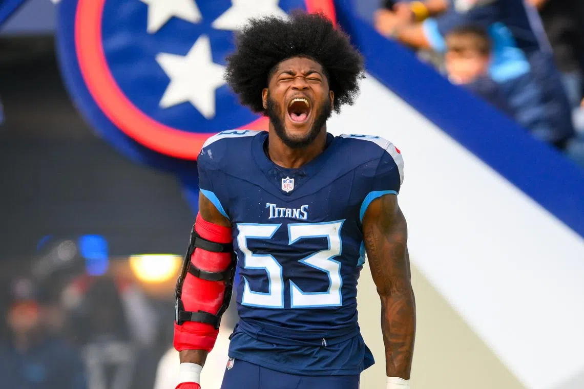 FILE PHOTO: Oct 13, 2024; Nashville, Tennessee, USA;  Tennessee Titans linebacker Ernest Jones, IV screams during pregame warmups against the Indianapolis Colts at Nissan Stadium. Mandatory Credit: Steve Roberts-Imagn Images/File Photo