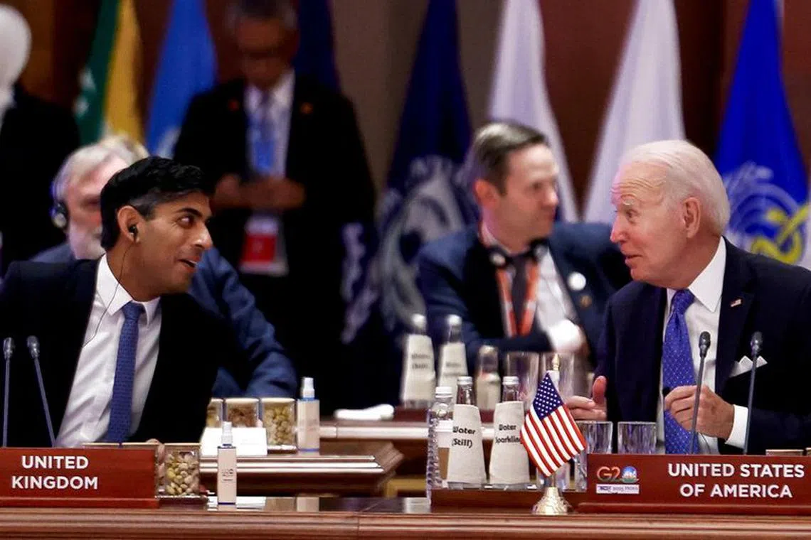 U.S. President Joe Biden and British Prime Minister Rishi Sunak attend \"Session II: One Family\" at the G20 summit in New Delhi, India, September 9, 2023. REUTERS/Evelyn Hockstein/Pool