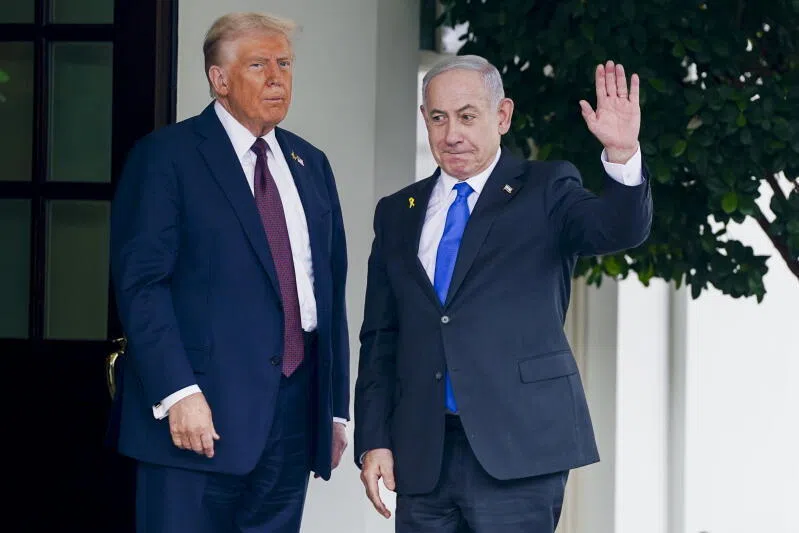 US President Donald Trump (left) greets Israeli Prime Minister Benjamin Netanyahu as he arrives at the West Wing of the White House in Washington, on Sept 29.