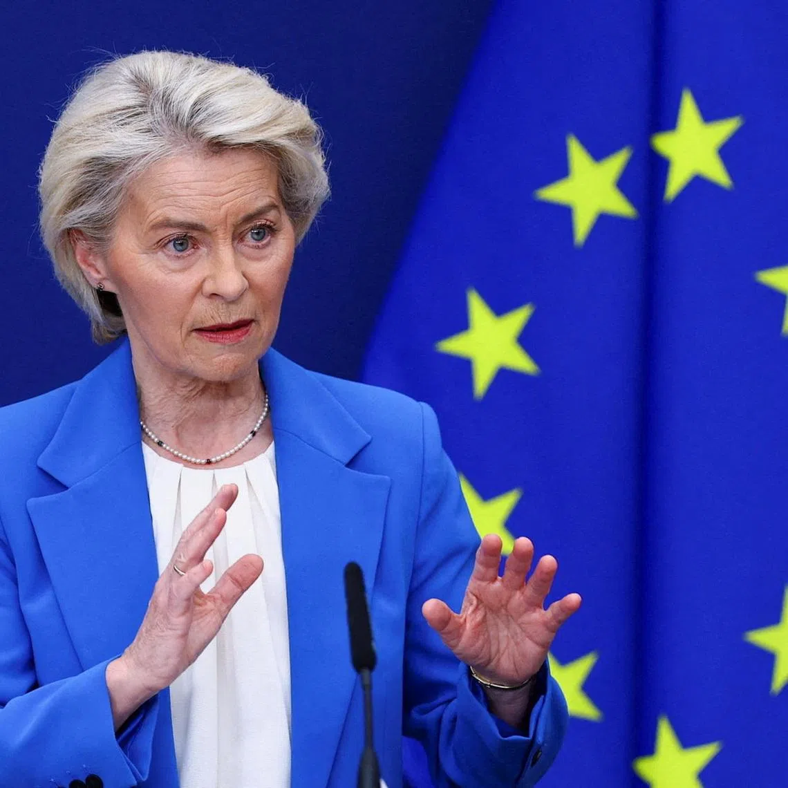 FILE PHOTO: European Commission President Ursula von der Leyen speaks at a press conference in Brussels, Belgium, April 13, 2026. REUTERS/Yves Herman/File Photo