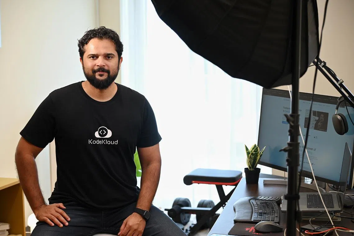 Profile photo taken of Mumshad Mannambeth, founder and CEO of KodeKloud at his house in Upper Aljuined Road on 17 Jan 2024. 
Story of company profile of KodeKloud, one of the fastest growing companies in a 2024 ranking compiled by ST and Statista .