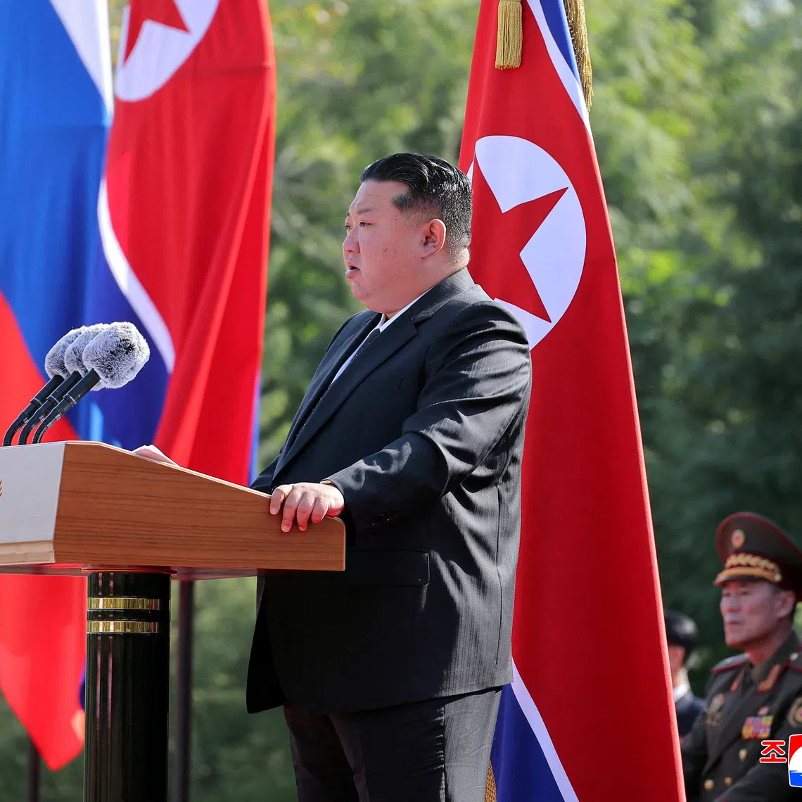 North Korean leader Kim Jong Un delivers a speech at the groundbreaking ceremony for the Overseas Military Operations Battle Merit Memorial Hall, for North Korean soldiers who fought alongside Russia in Kursk regions, in Pyongyang, North Korea, November 23, 2025. KCNA via REUTERS