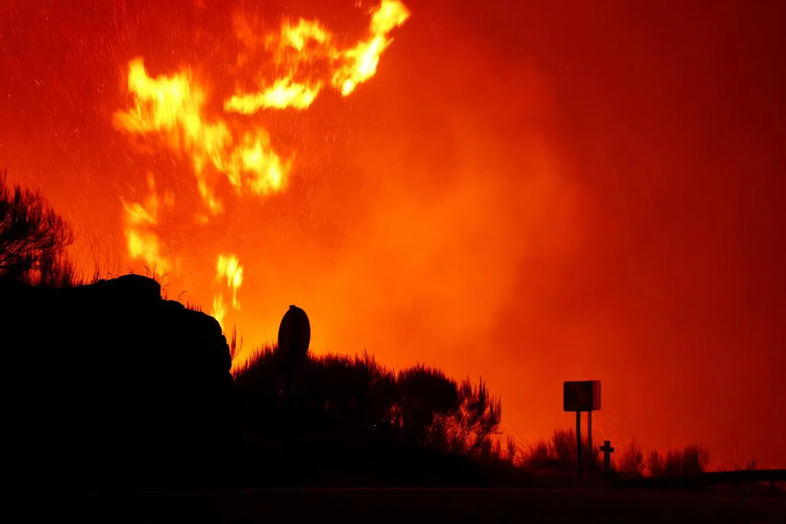 A cross on the road is silhouetted, as flames and smoke coming from a wildfire rise near Povoa de Montemuro, Portugal, September 18, 2024. REUTERS/Susana Vera