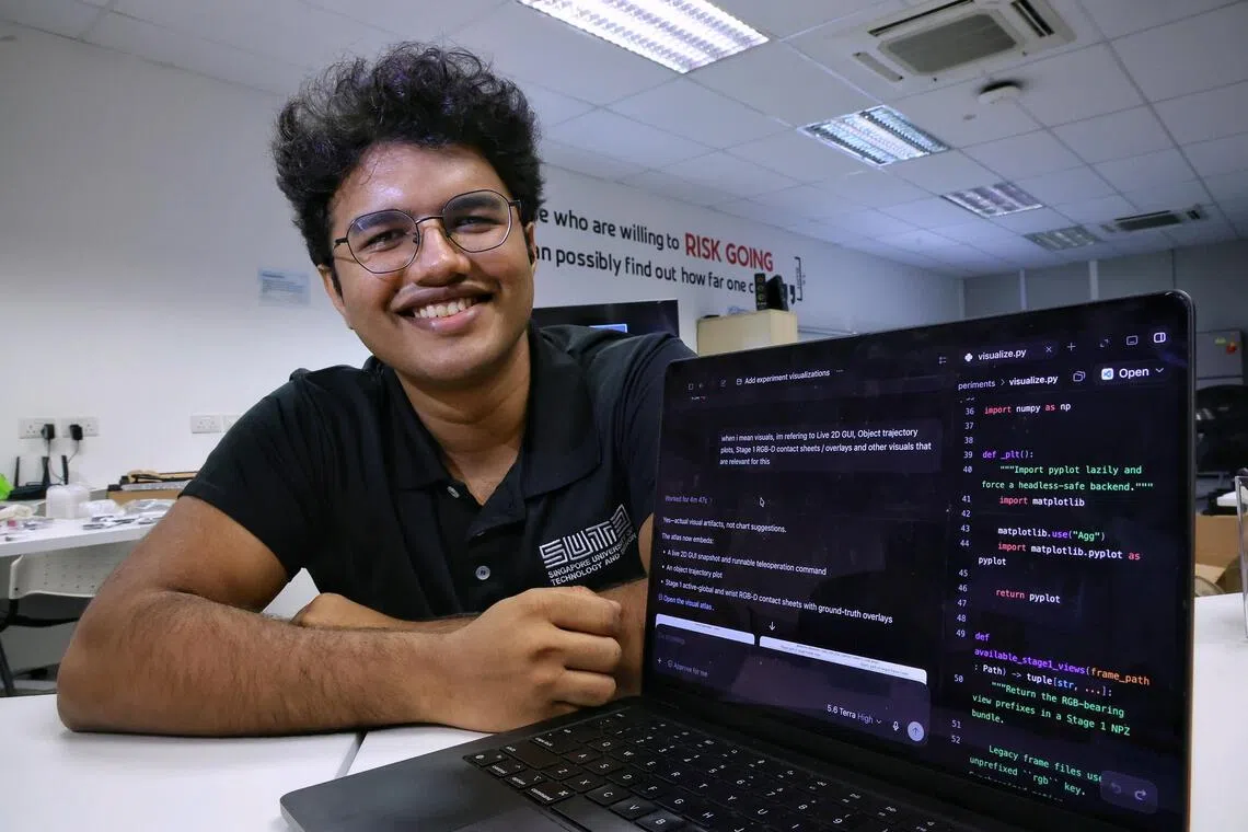 Year 3 engineering product development undergraduate from Singapore University of Technology and Design Anieyrudh R, 23, showing a prompt he used in his project in the Design and Artificial Intelligence studio on July 28, 2026.