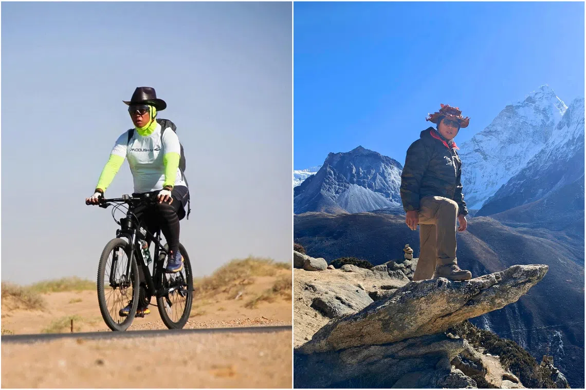 Rich Liow on his mountain bike during the Gobi Desert trip in May 2026 (left) and during his trip to Everest base camp in 2023.