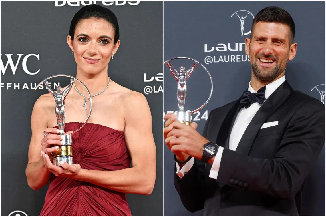 Aitana Bonmati and Novak Djokovic with their award during the 25th Laureus World Sports Awards gala in Madrid on April 22.