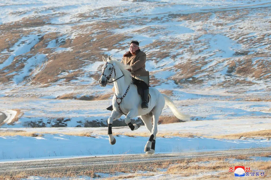 A photo dated Oct 16, 2019 shows North Korean leader Kim Jong Un riding a white horse on the snow-covered mountain Paektusan.