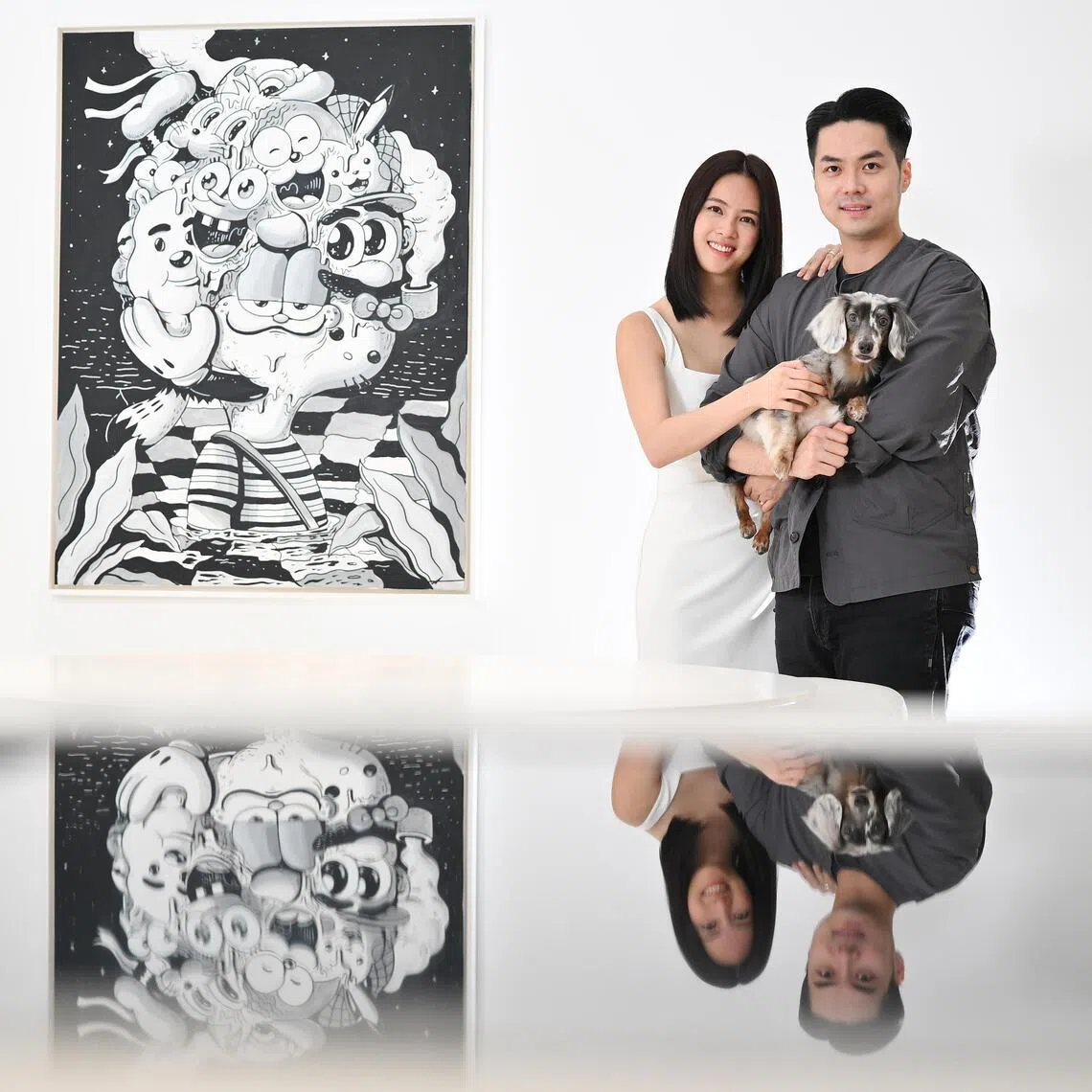 Actress Tay Ying and her celebrity chef husband Wu Sihan with Tron, their six-year-old merle dachshund at home on May 7, 2026.